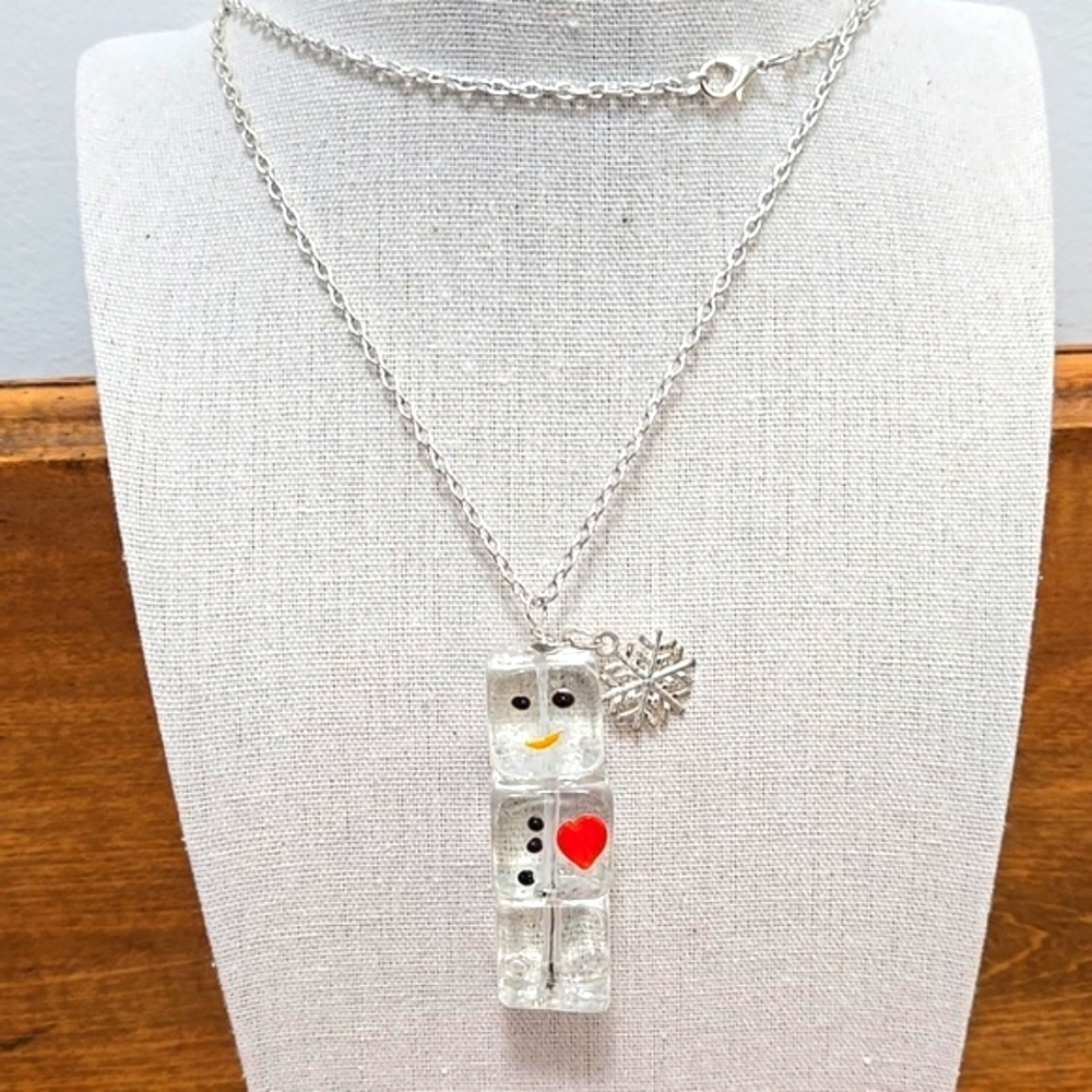 Fused Glass Ice Cube Snowman Pendant Necklace